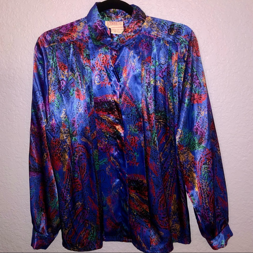 Vintage Tess 70s/80s silky purple button-down blouse shirt top size medium EUC